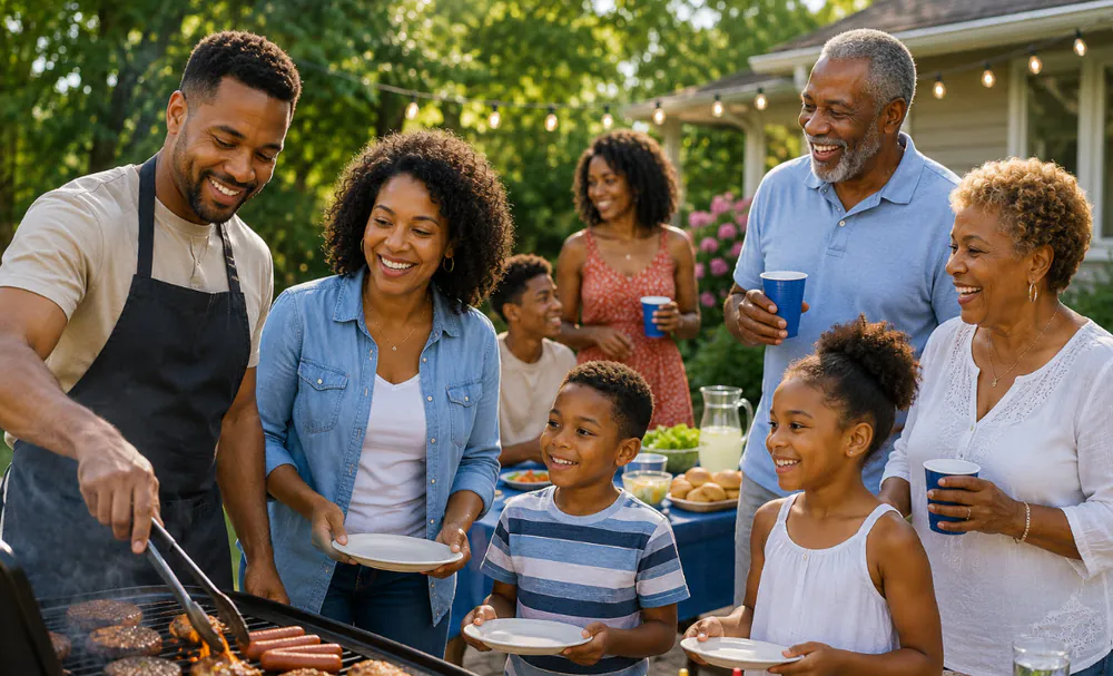 Multigenerational family sharing a meal together outdoors